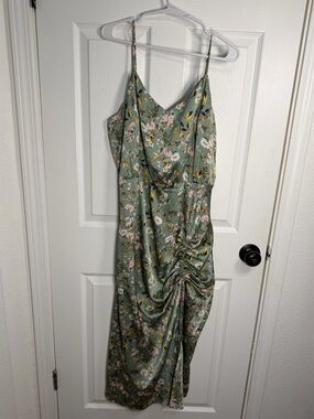 Willow Sage Green Floral Midi Slip Dress with Rouching Detail